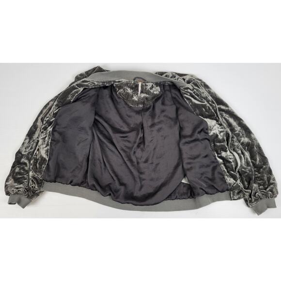 Free People Womens Small Velour Gray Jacket Ruched Velvet Bomber Shiny Retro - Picture 2 of 9